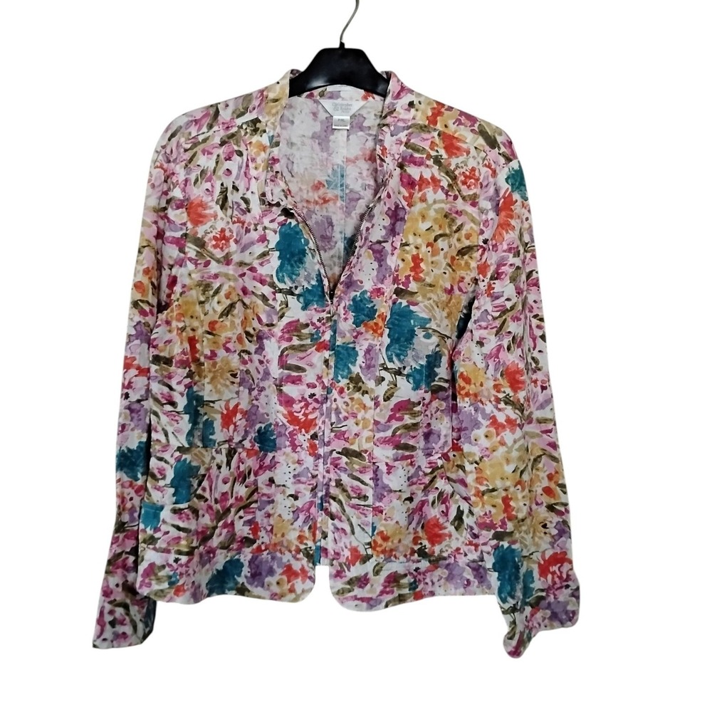 Christopher & Banks Petite XL Floral Zip Front Jacket Cotton Stretch Watercolor